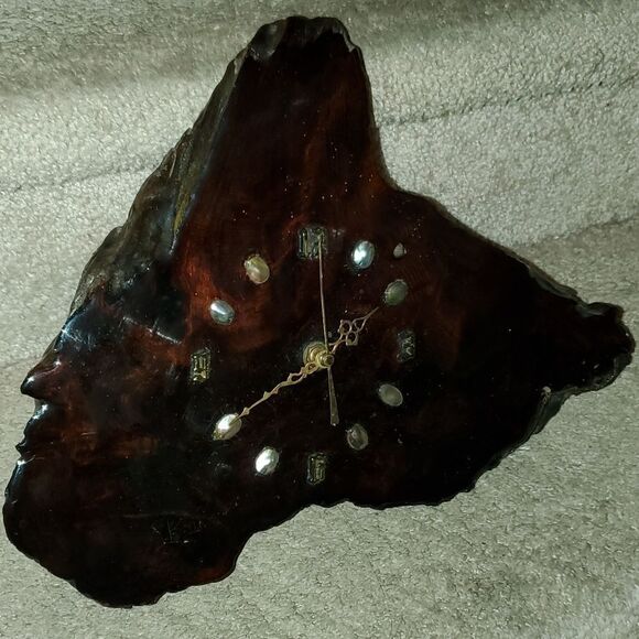 Vintage Redwood Burl Lacquered Clock Abalone Shell - Picture 2 of 9